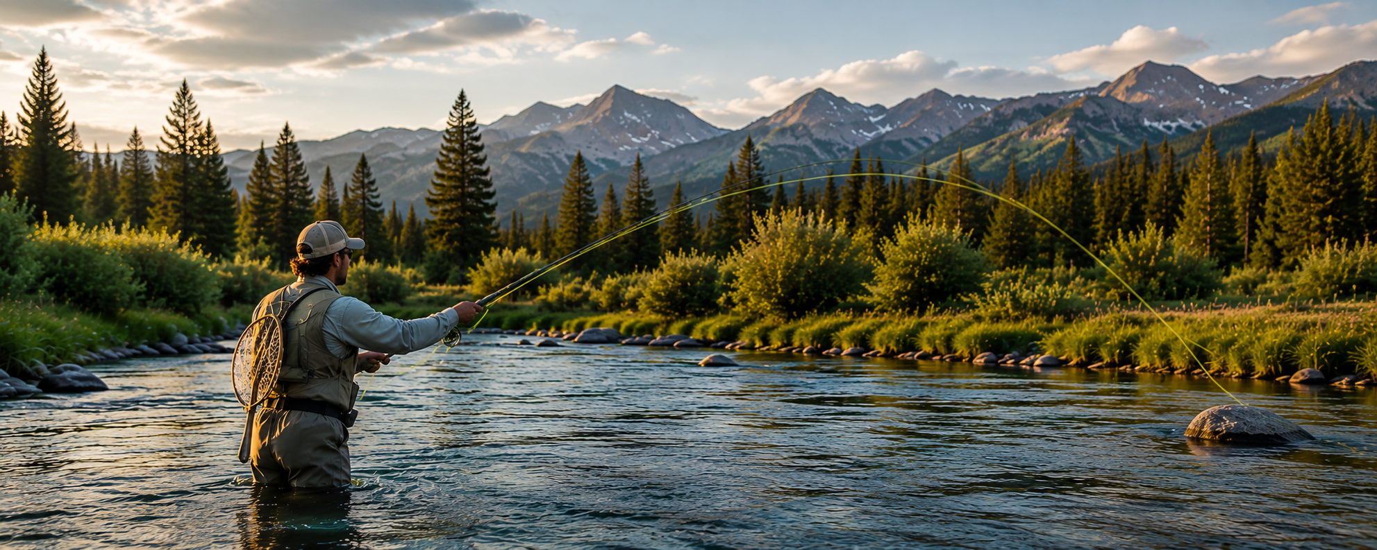Beginner fly fisherman casting on a calm western trout river