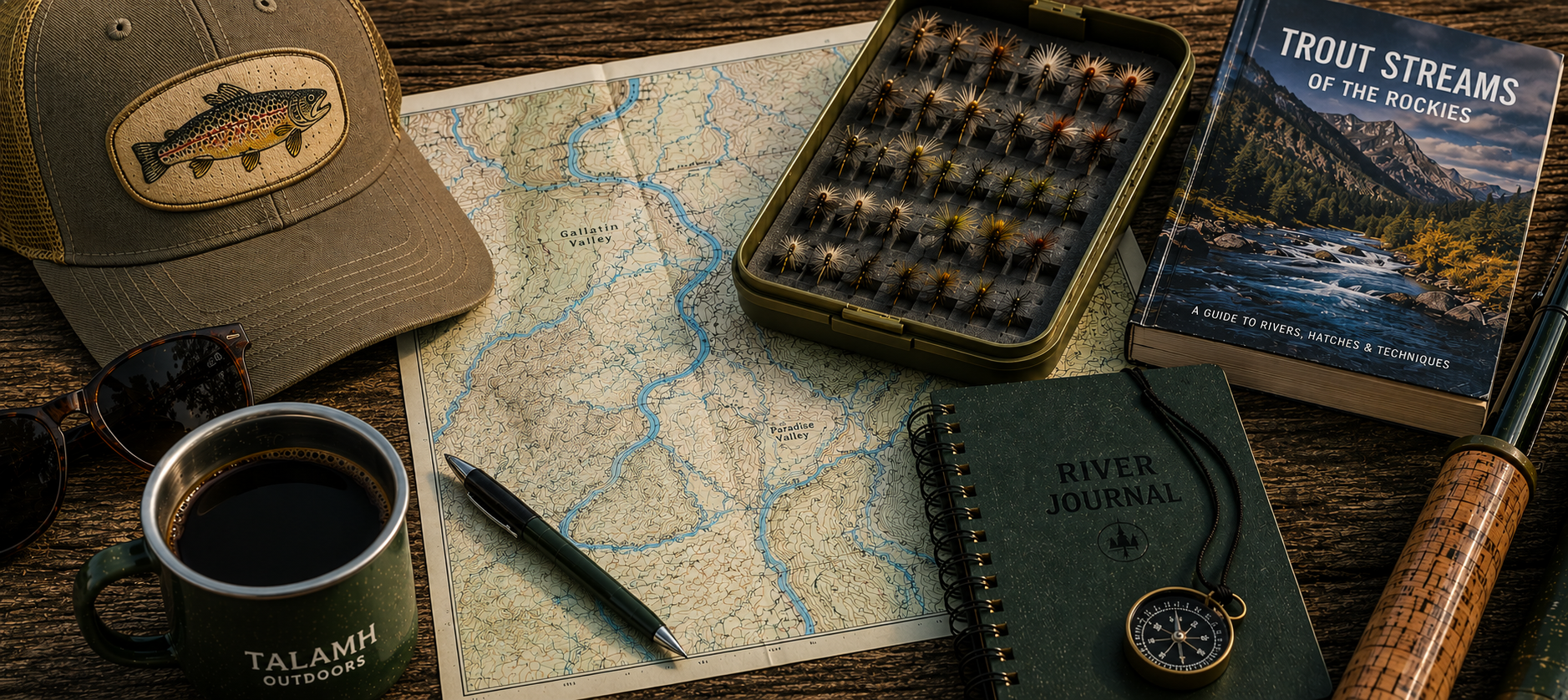 Fly fishing travel planning gear with river maps, flies, and coffee