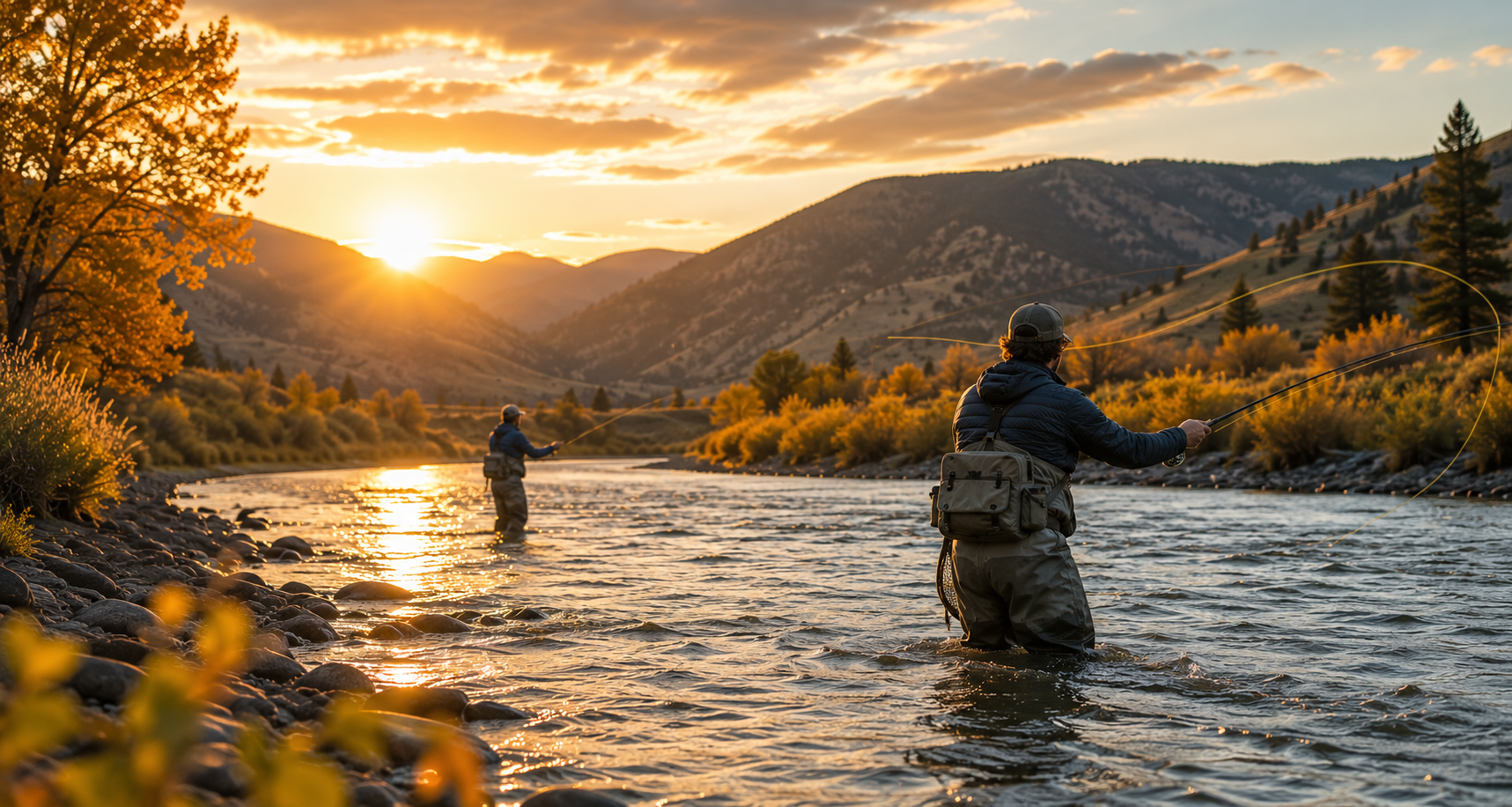 Fly fishermen casting during golden hour on a western river in early fall