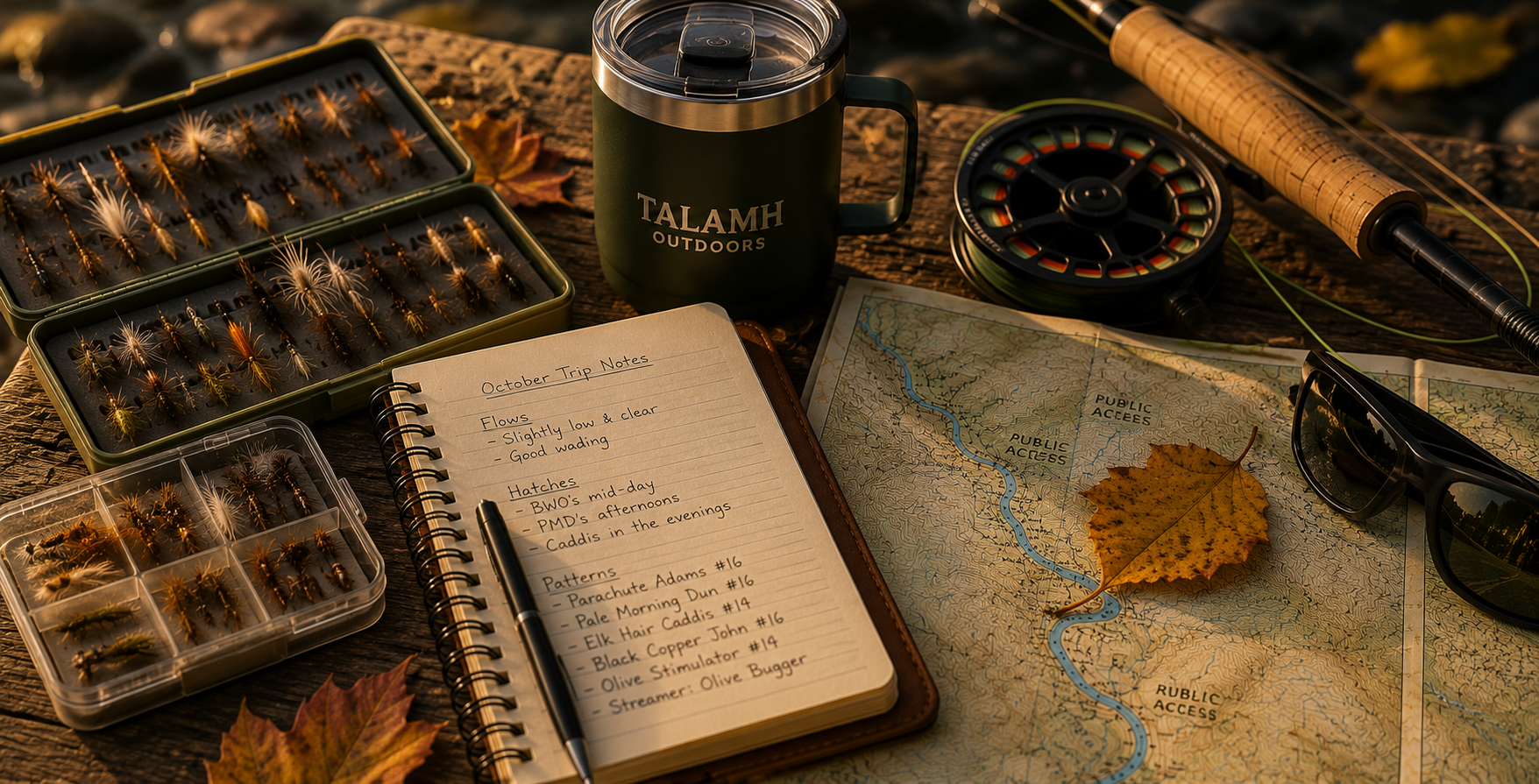 Fly boxes, seasonal river notes, coffee thermos, topo map, and autumn fly fishing gear