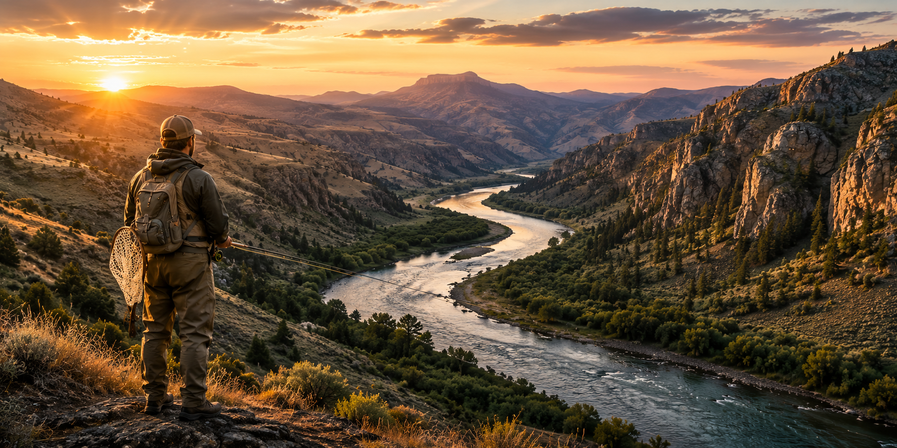 Fly fisherman overlooking a winding western river canyon at sunrise