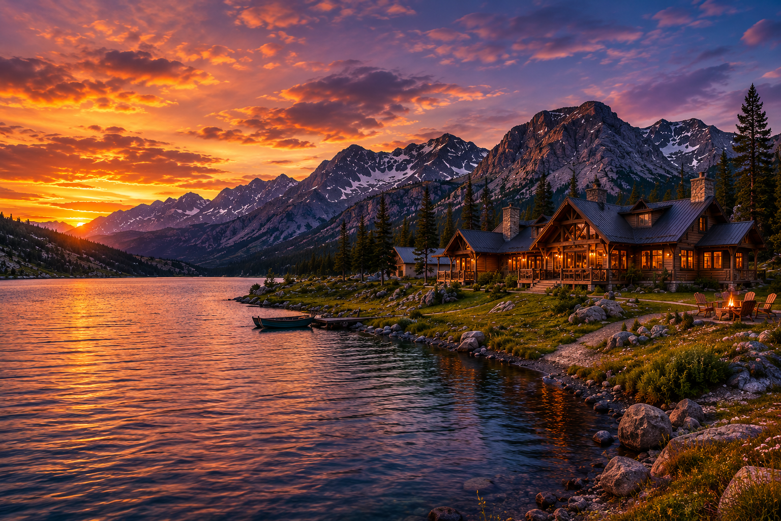 Remote western fly fishing lodge beside an alpine lake at dusk