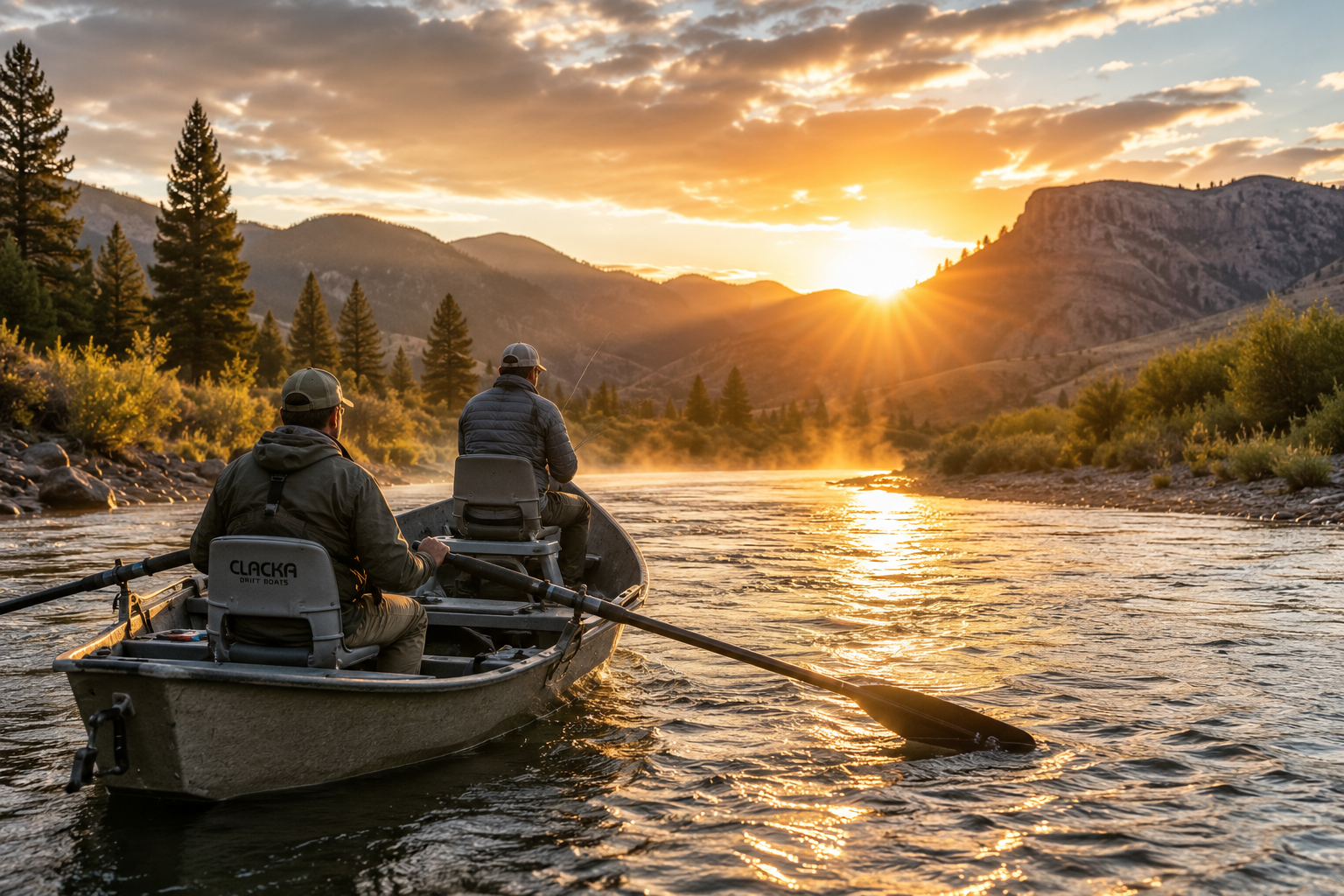 Fly fishermen drifting down a western river in a drift boat at sunrise