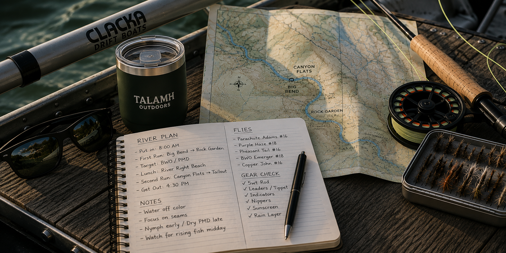 Fly fishing gear, river notes, and drift boat trip planning items