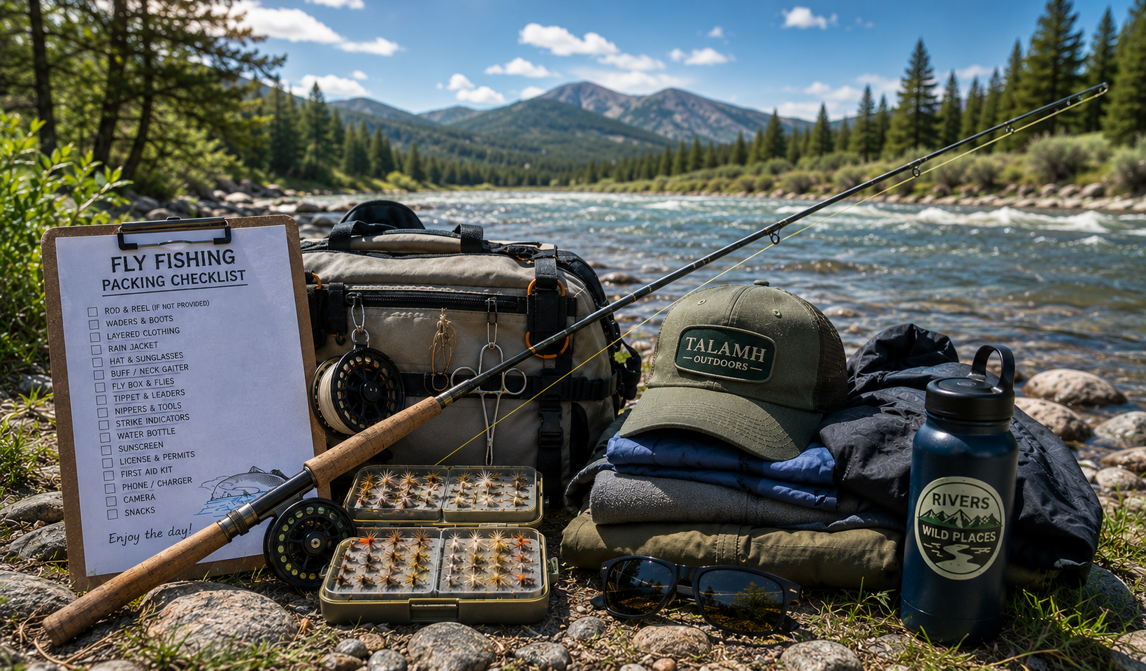 Fly fishing packing checklist, layered clothing, sunglasses, and organized river gear beside a western river