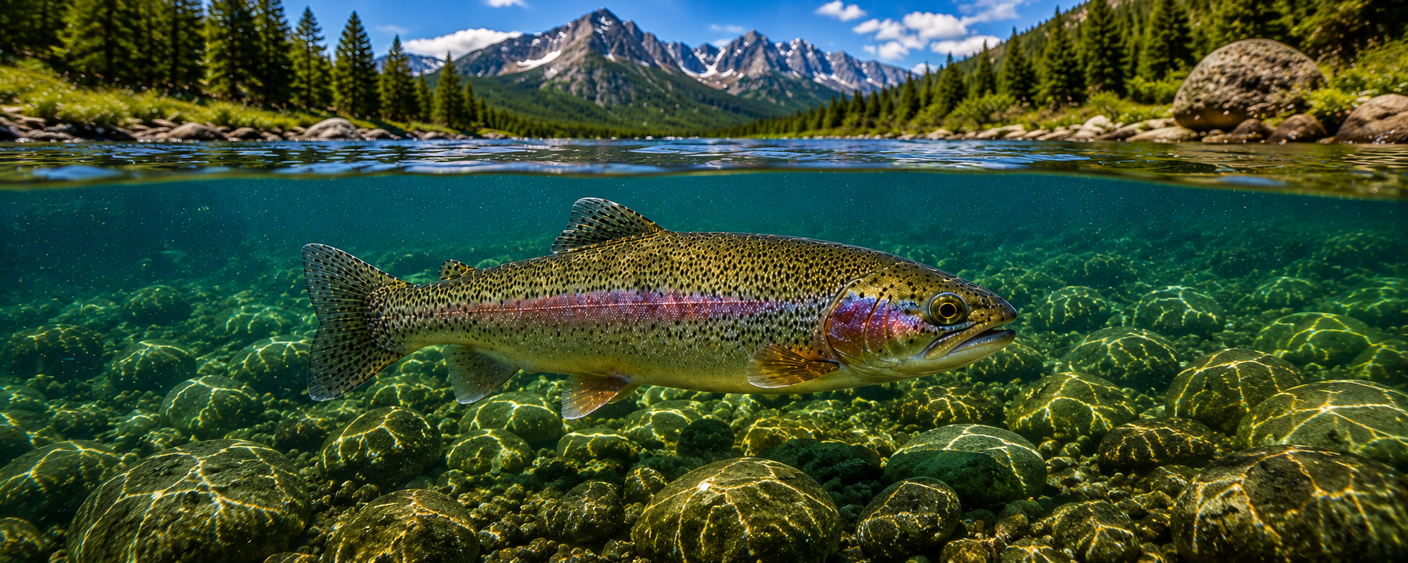 Wild rainbow trout beneath clear western river water with mountain reflections