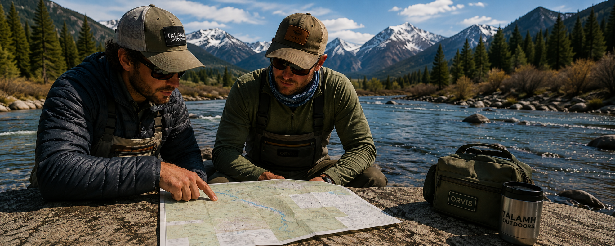 Fly fishing guide and angler reviewing a map beside a mountain river