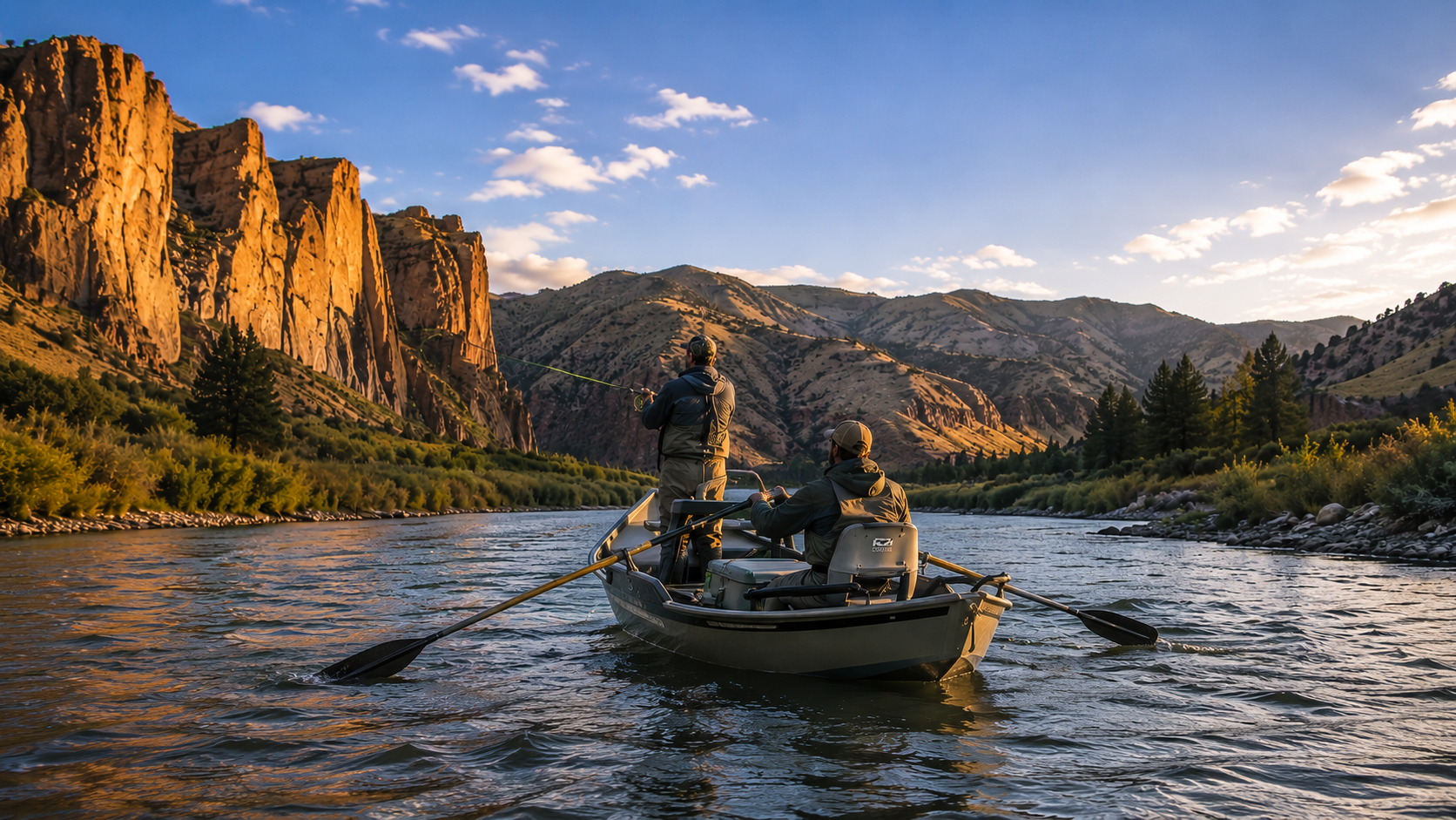 Drift boat fly fishing on a western river
