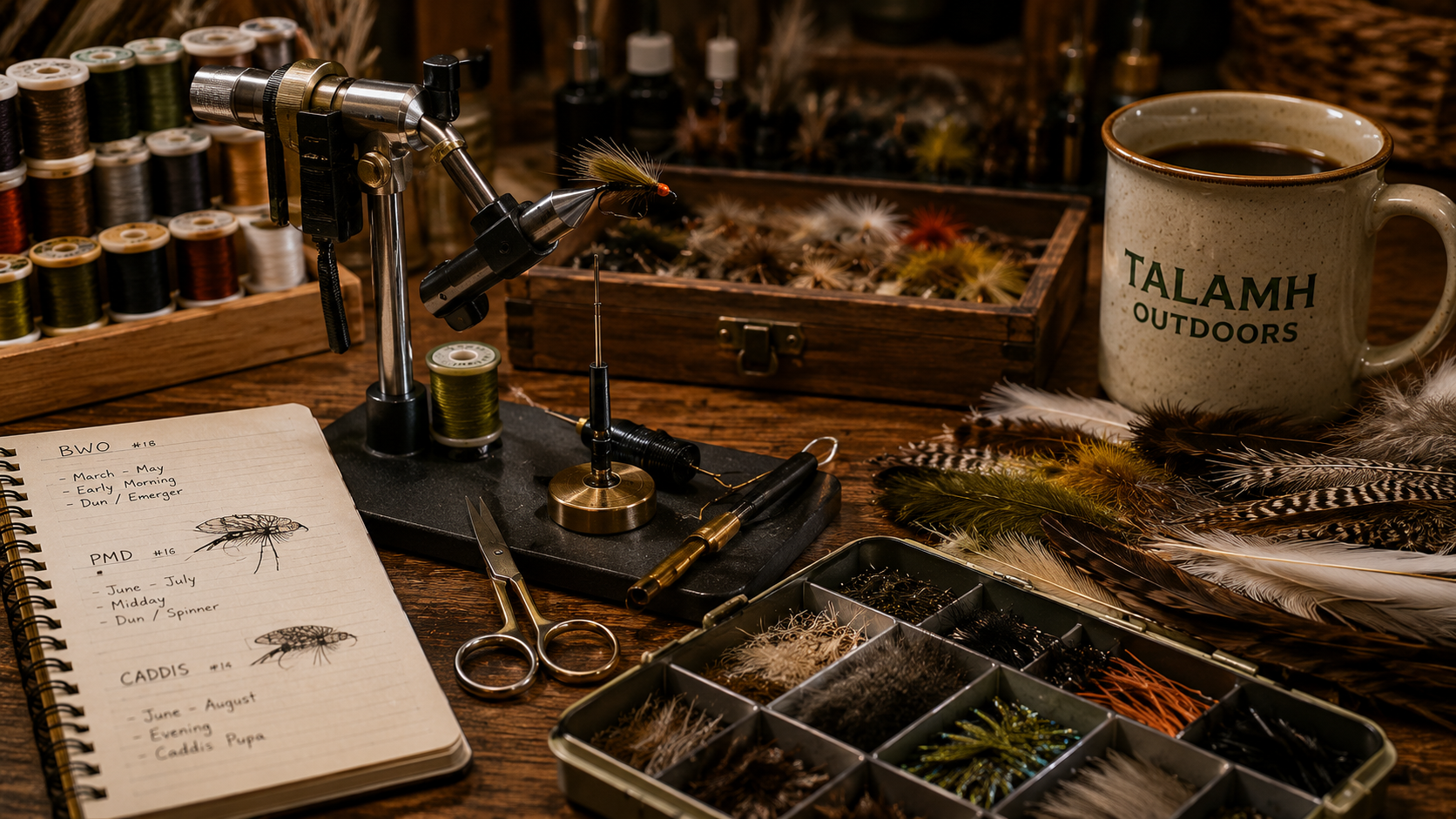 Fly tying bench with trout flies, tying materials, fishing notes, and coffee
