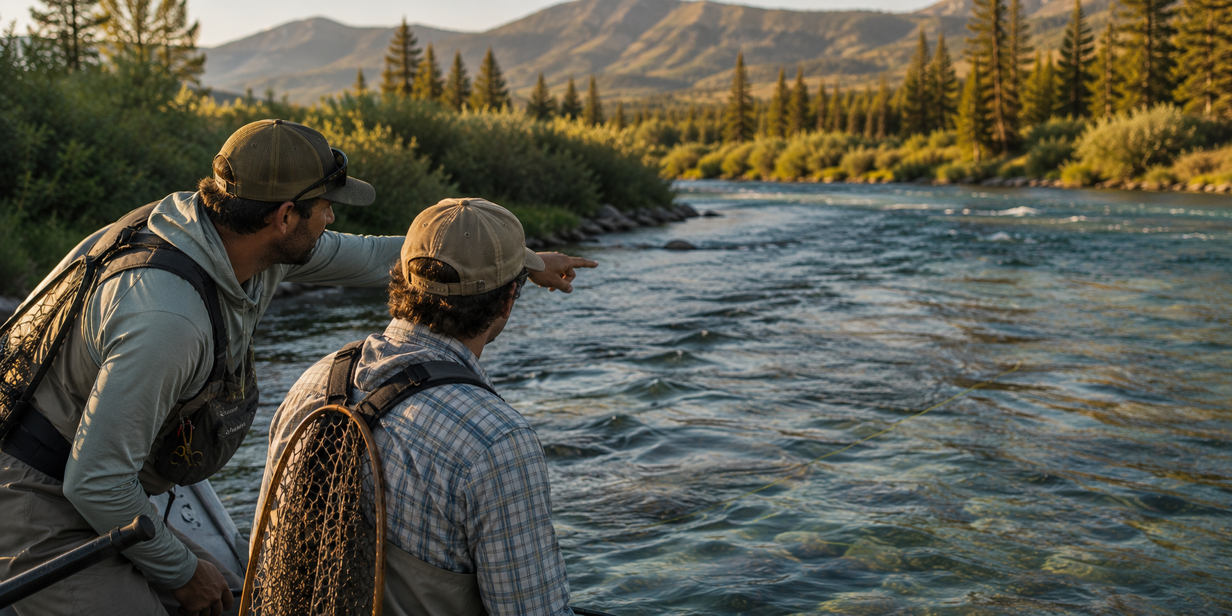 Fly fishing guide helping an angler read water on a western river