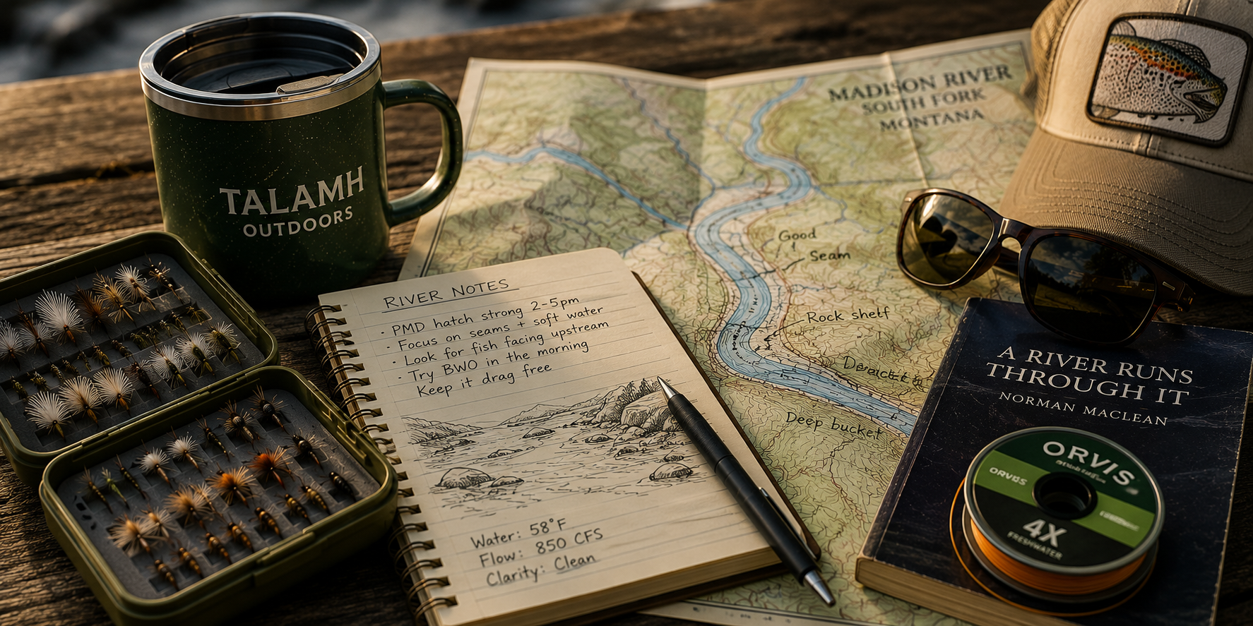 Fly fishing guide notes, river map, fly box, and coffee on a rustic table
