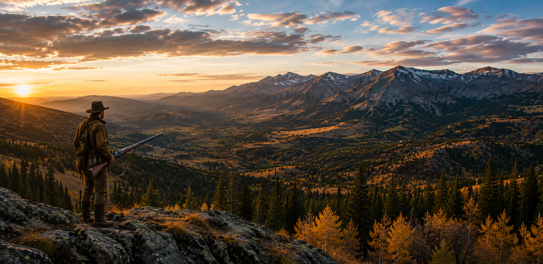 Hunter with a traditional muzzleloader overlooking western mountain country
