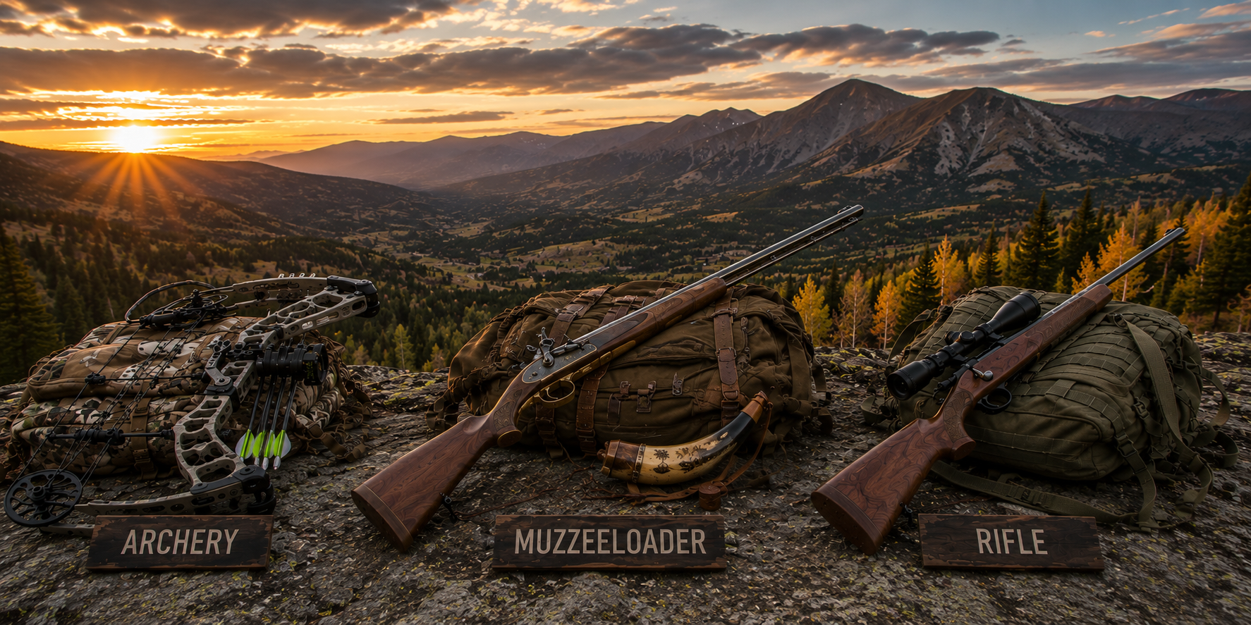 Archery, traditional flintlock muzzleloader, and rifle gear arranged for elk hunt planning