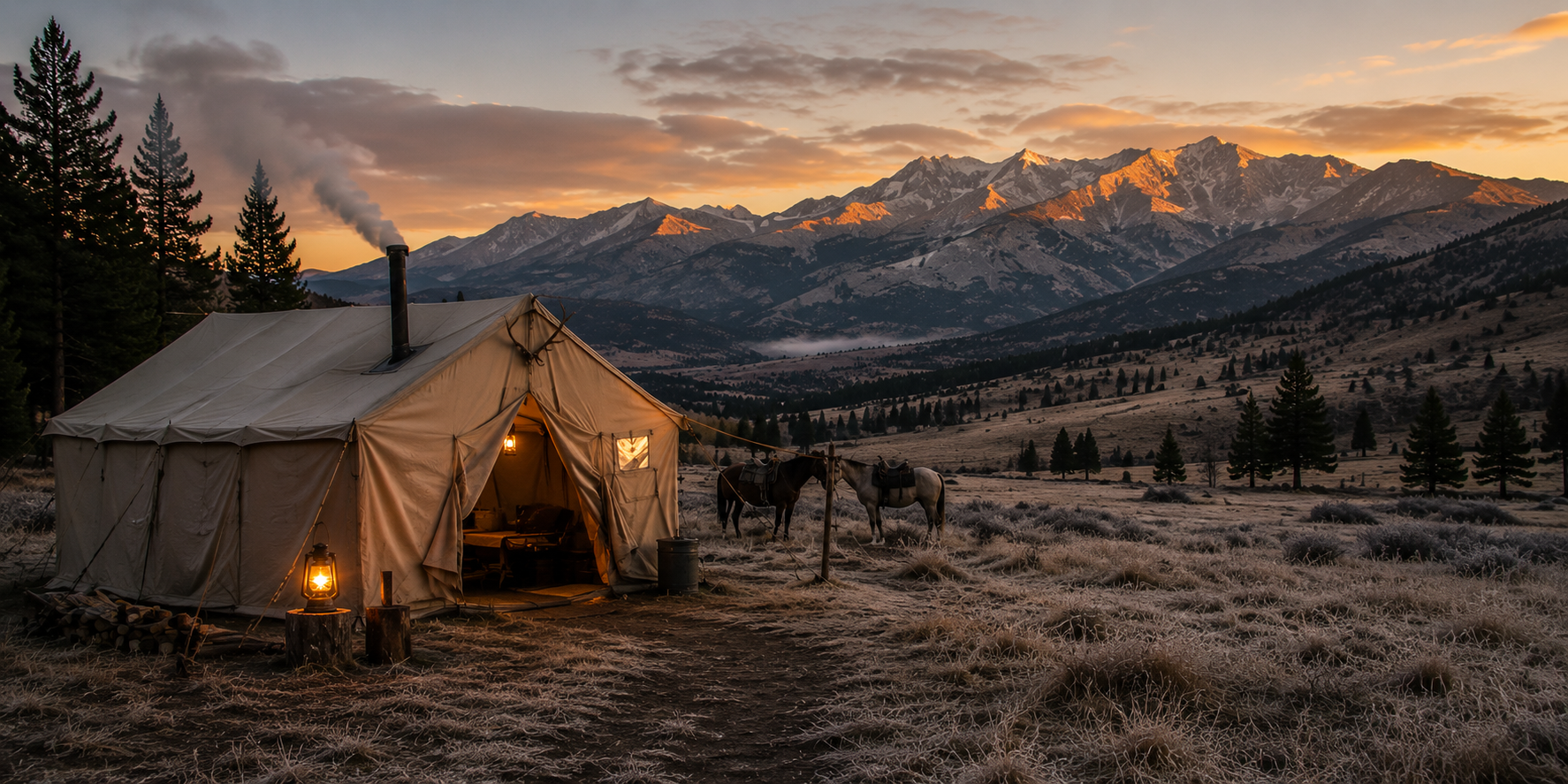 Canvas wall tent elk camp at dawn with horses and mountain country
