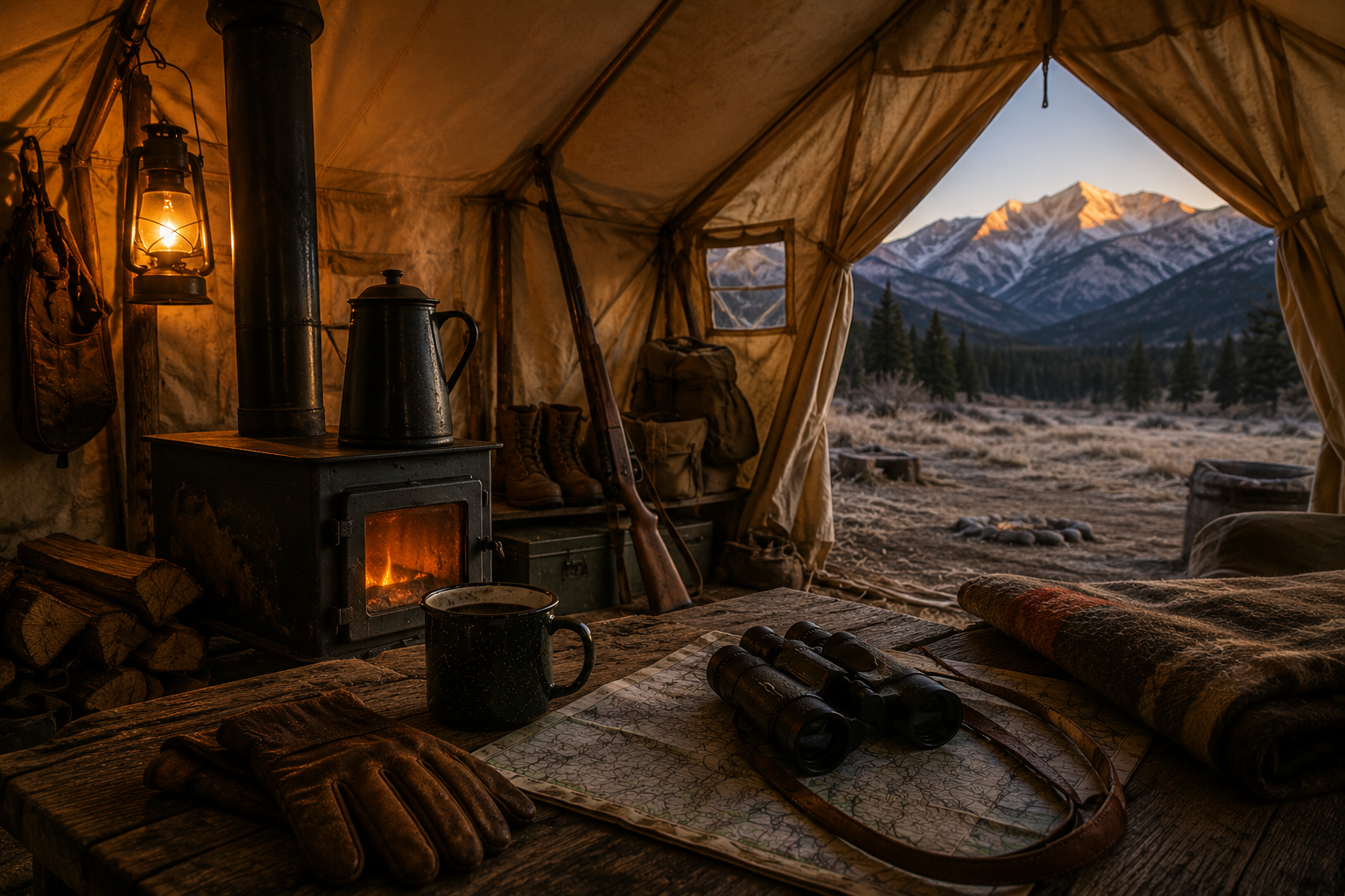 Warm canvas wall tent interior with stove, coffee, hunting gear, and mountain view