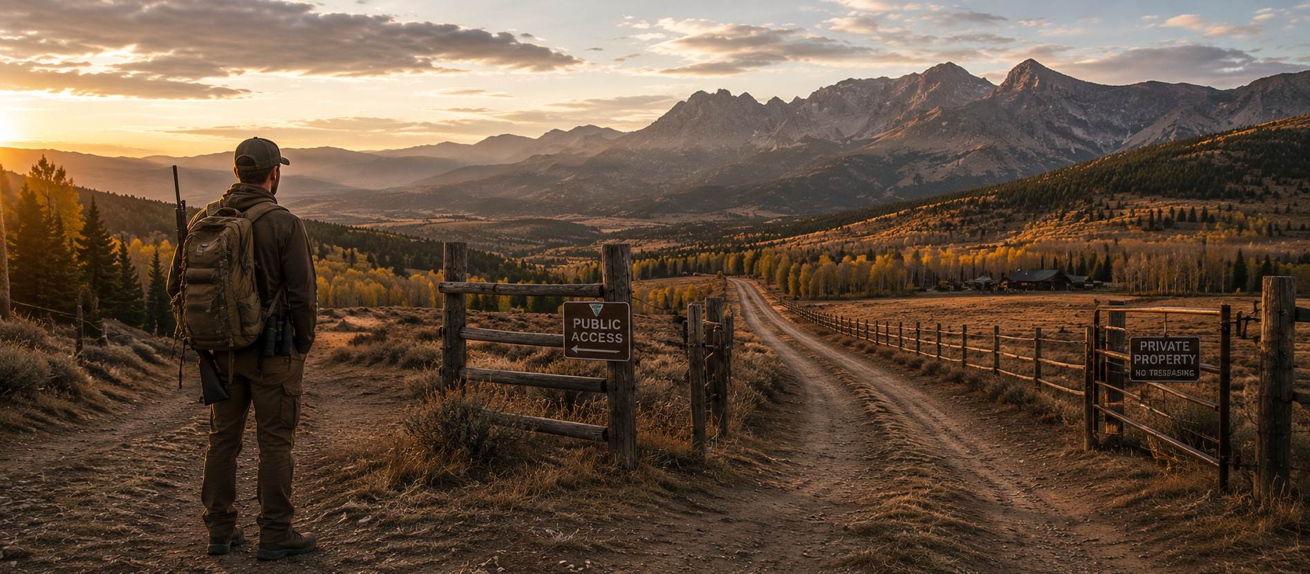 Hunter standing at a public access and private property boundary in western elk country