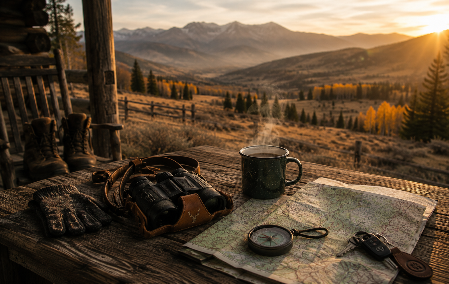 Rustic hunting cabin porch with coffee, binoculars, map, and mountain view